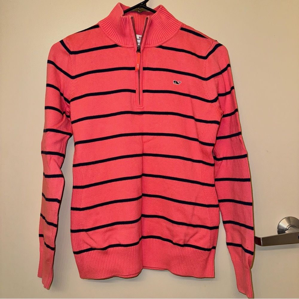 Vineyard Vines Salmon Pink Navy Striped Quarter Zip Sweater Pullover